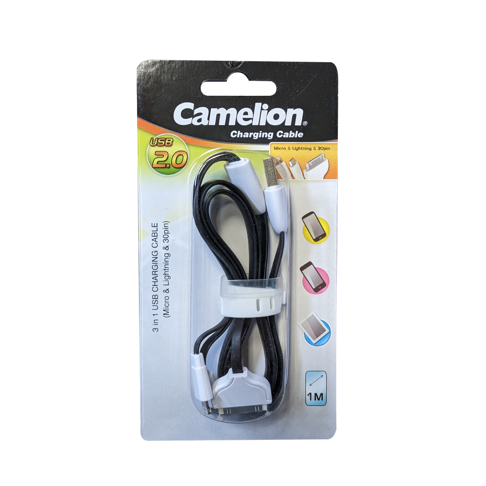 Camelion CDC006 3 In 1 USB to Apple 30 Pin, Micro-USB, and Lightning Charging Cable Blister 1 Pack