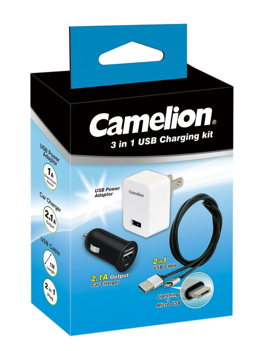 Camelion 3-in-1 USB Car and Home Charging Kit with Micro USB and Lightning Cable - Battery Liquidator