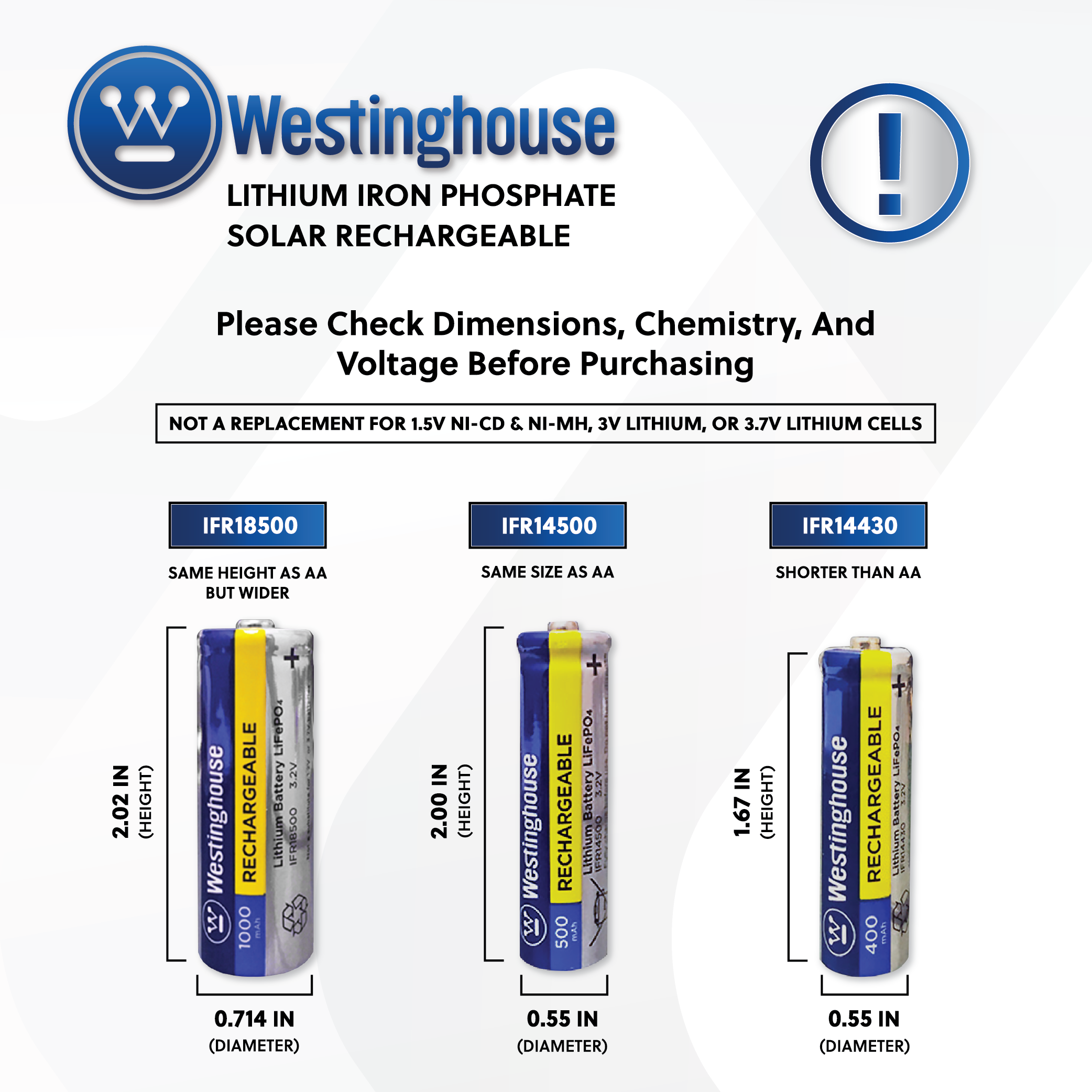 Westinghouse Life-PO4 14500 3.2v 500mah Solar Rechargeable Box Pack of 8