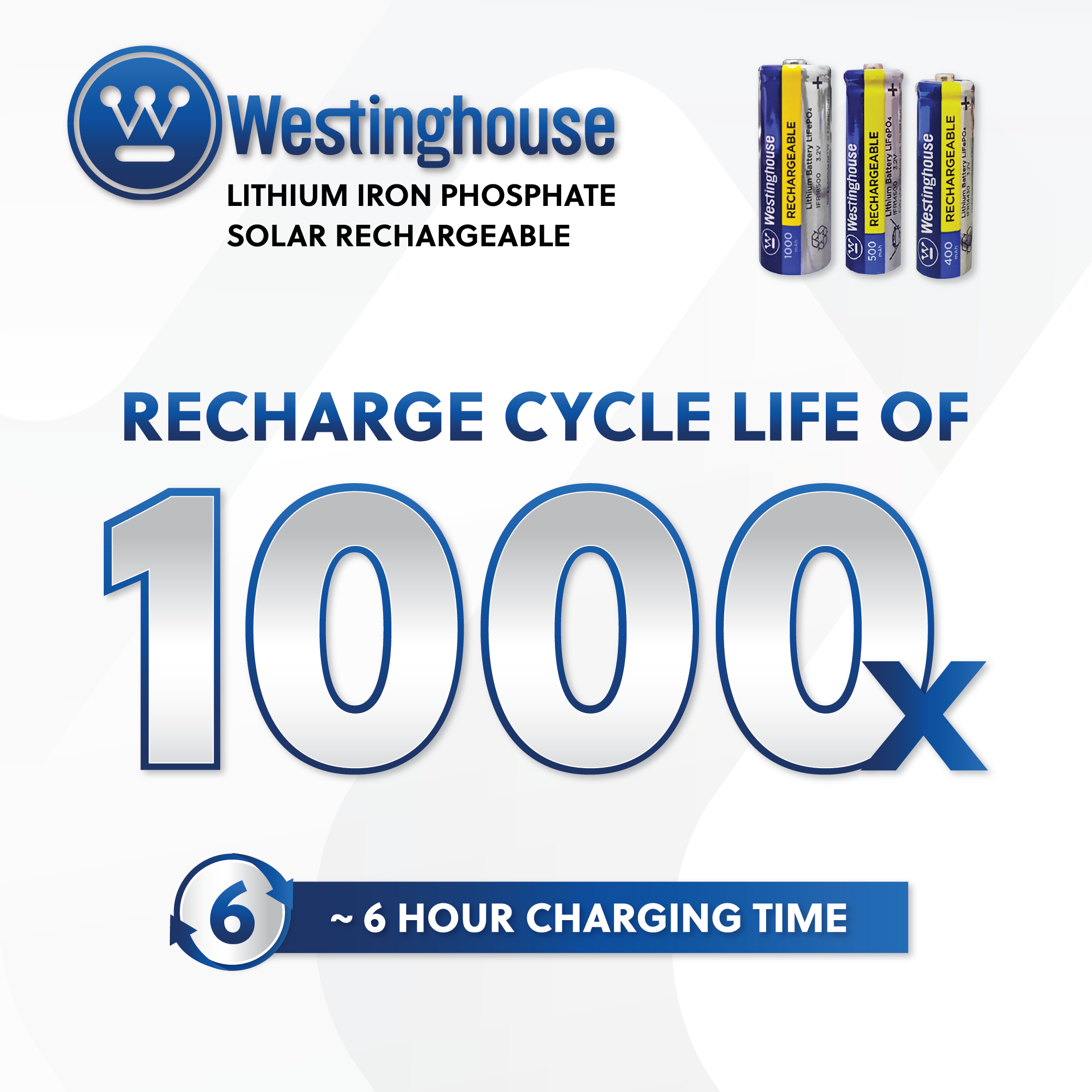 Westinghouse Life-PO4 18500 3.2v 1000mah Solar Rechargeable Box Pack of 8