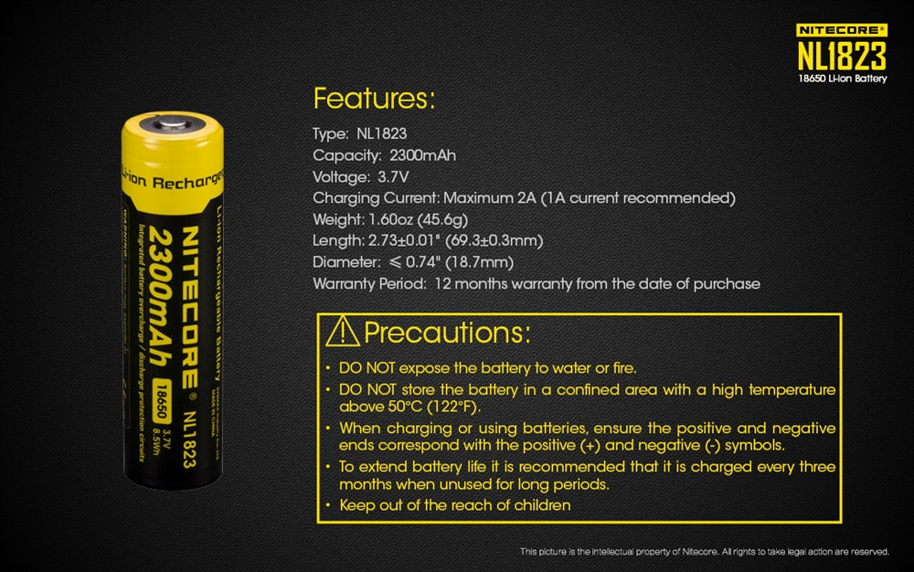 NITECORE NL1823 2300mAh Protected 18650 Rechargeable Battery