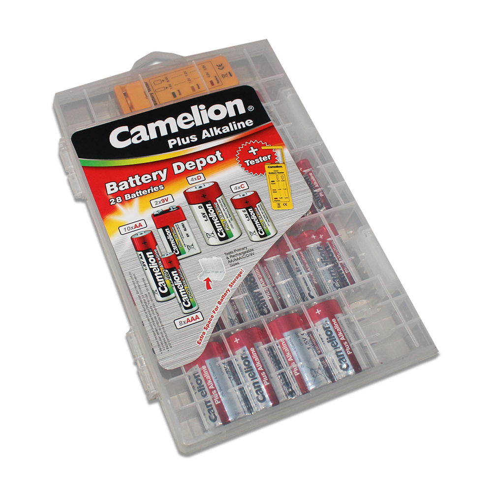 Camelion Plus Alkaline Batteries Variety Pack of 28 with Battery Tester and Storage Case