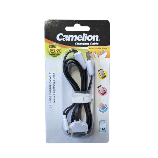 Camelion CDC006 3 In 1 USB to Apple 30 Pin, Micro-USB, and Lightning Charging Cable Blister 1 Pack