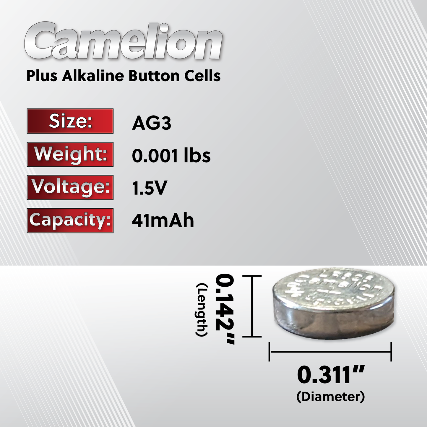Camelion AG3 / 392 / LR41 1.5V Coin Cell Battery Pack of 2