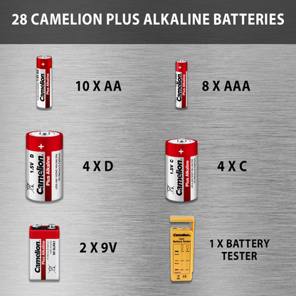 Camelion Plus Alkaline Batteries Variety Pack of 28 with Battery Tester and Storage Case