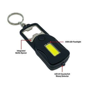 Flipo Microlux 3-In-1 COB LED Keychain Tool-Flashlight, Safety Light, Counterfeit Currency Light, and Bottle Opener