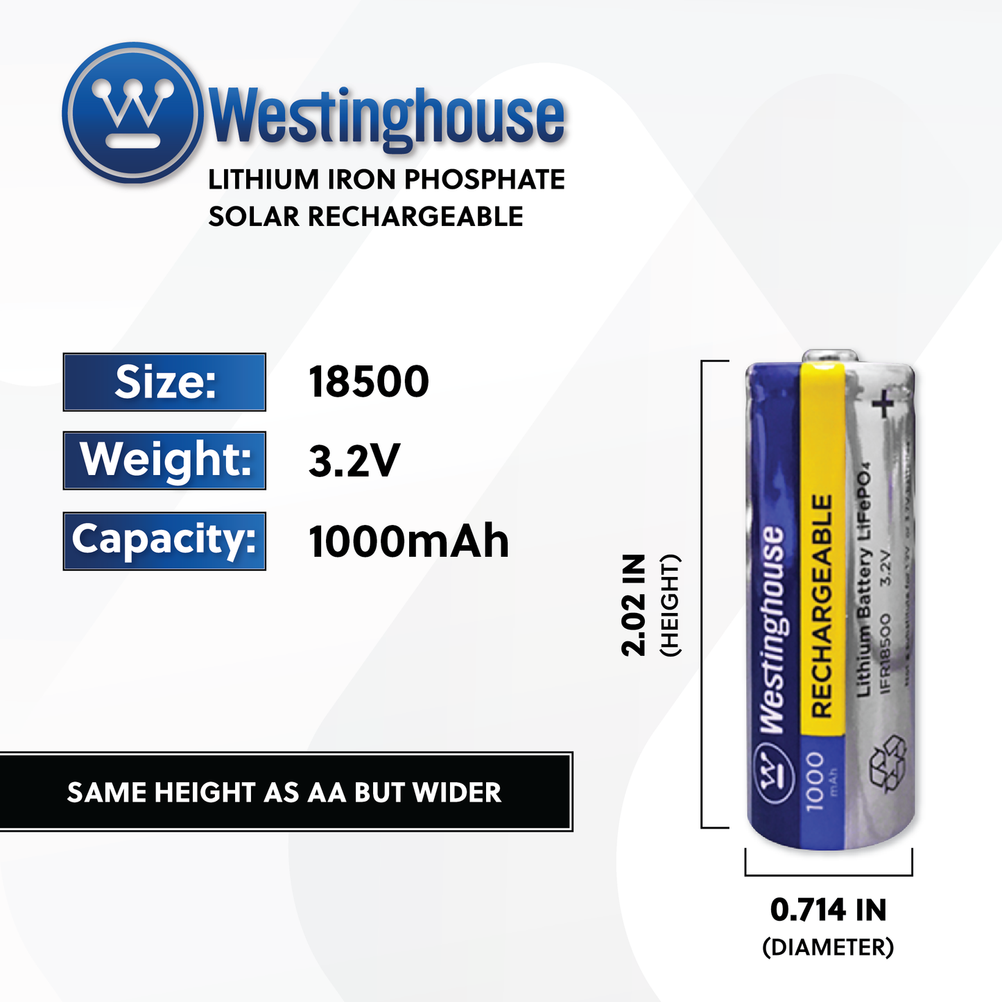 Westinghouse Life-PO4 18500 3.2v 1000mah Solar Rechargeable Box Pack of 8