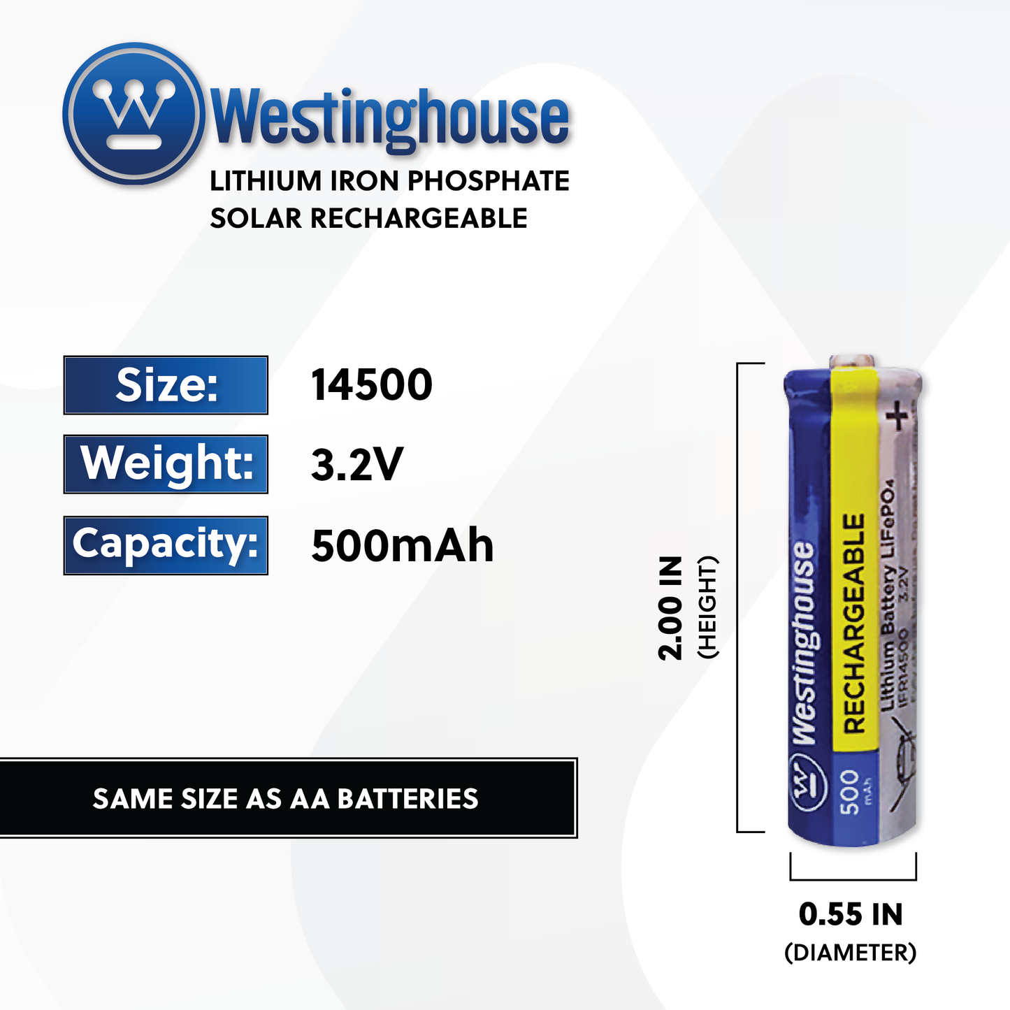 Westinghouse Life-PO4 14500 3.2v 500mah Solar Rechargeable Box Pack of 8